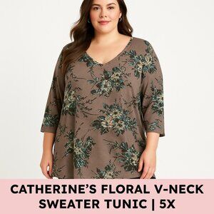 Catherines Floral V-Neck Tunic, 5X (34/36W) Taupe/Teal Stretch Knit, 3/4 Sleeve